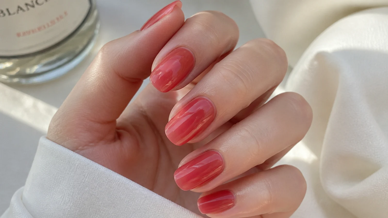 Translucent watermelon red jelly nails showing the natural nail through the tint