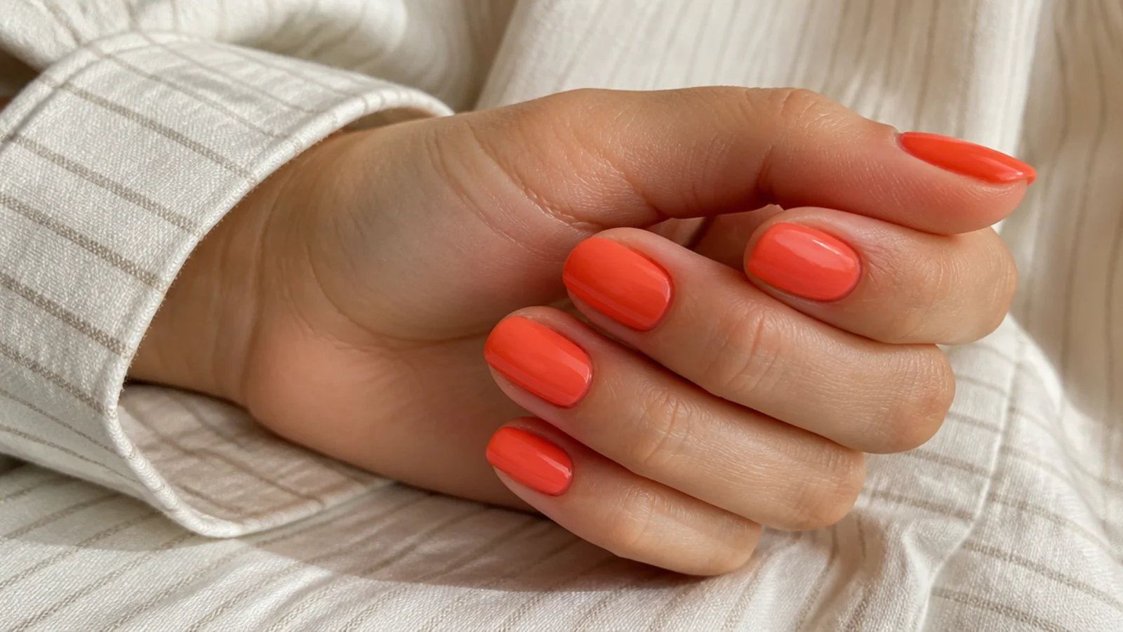 Short round nails in warm coral orange with a creamy opaque summer finish