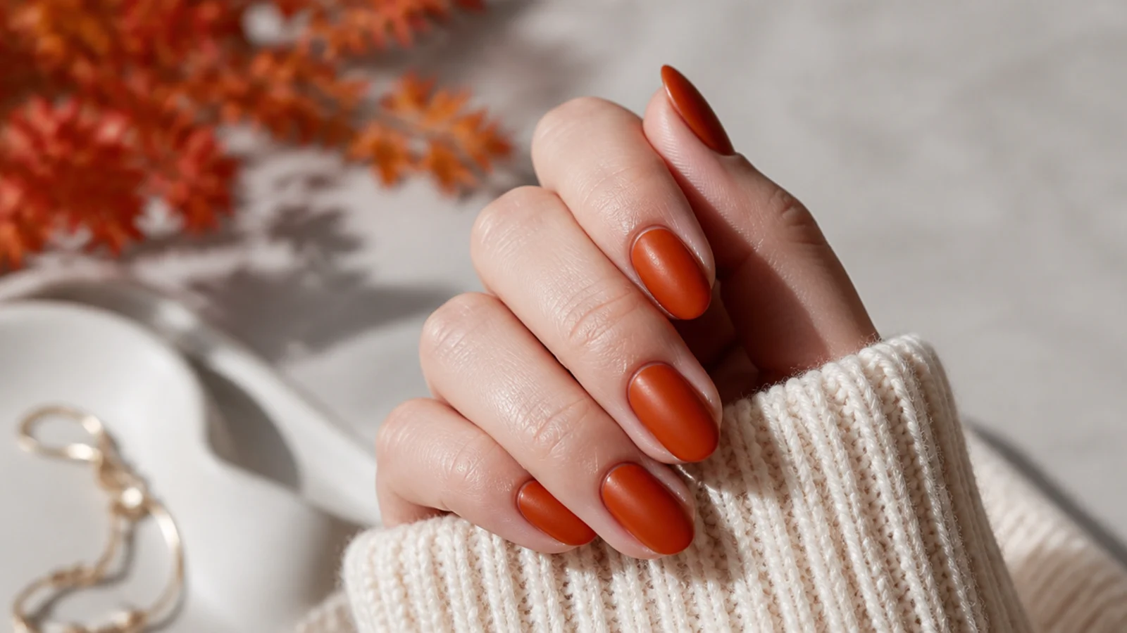 Short almond nails in deep burnt orange with a warm matte fall finish