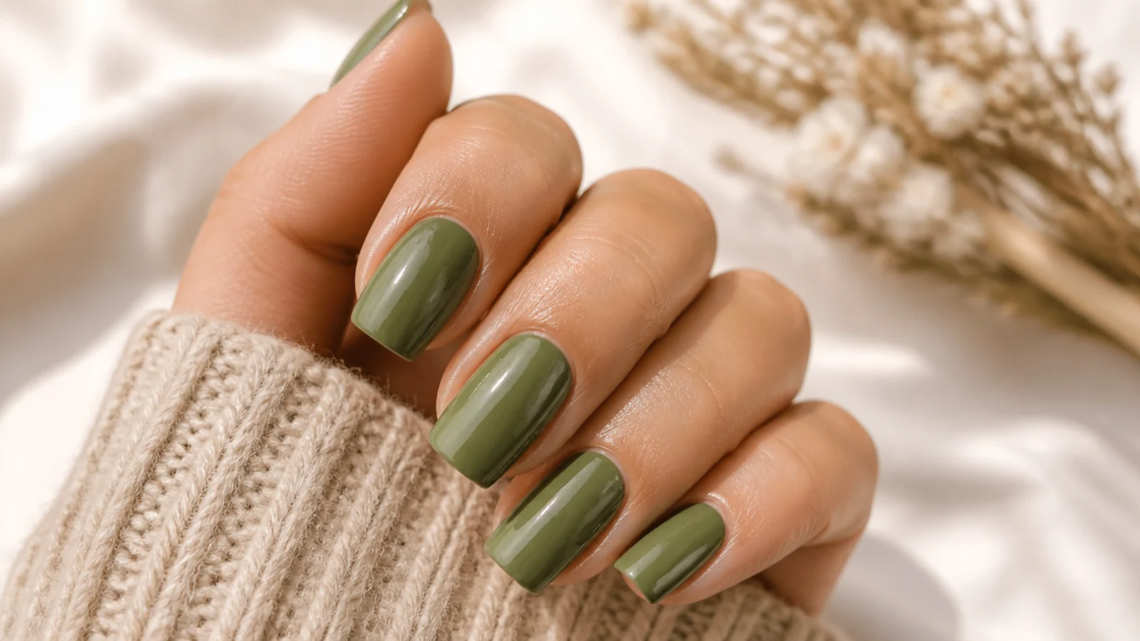 Medium squoval nails in muted olive green with a creamy fall finish