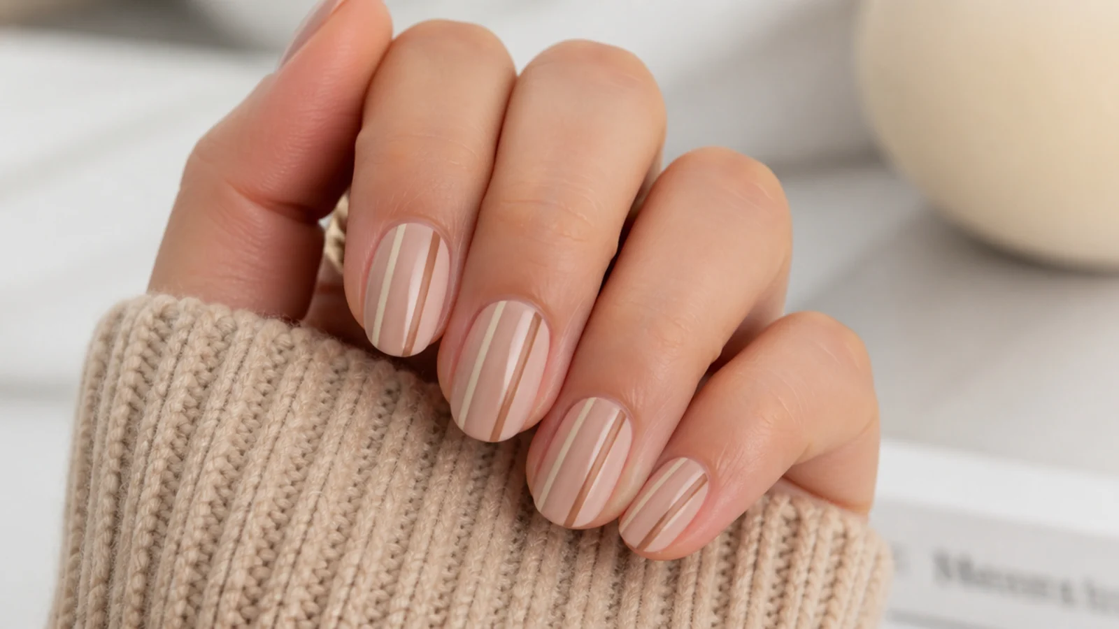 Nude nails with thin cream and coffee brown vertical stripes in a latte palette