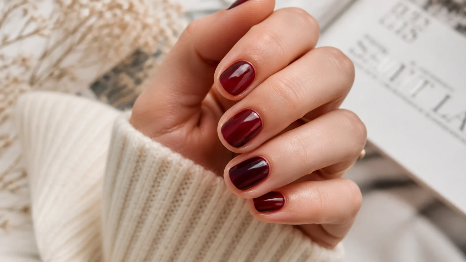 Short round nails in deep oxblood wine red with a rich glossy finish