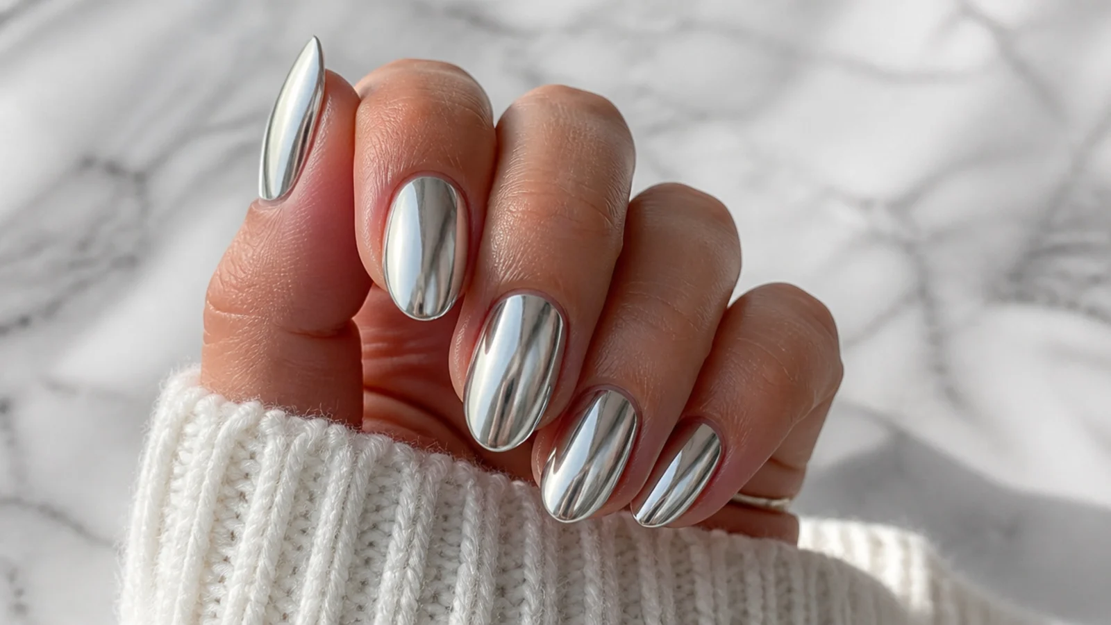 Medium almond nails in liquid silver chrome with a mirror winter finish