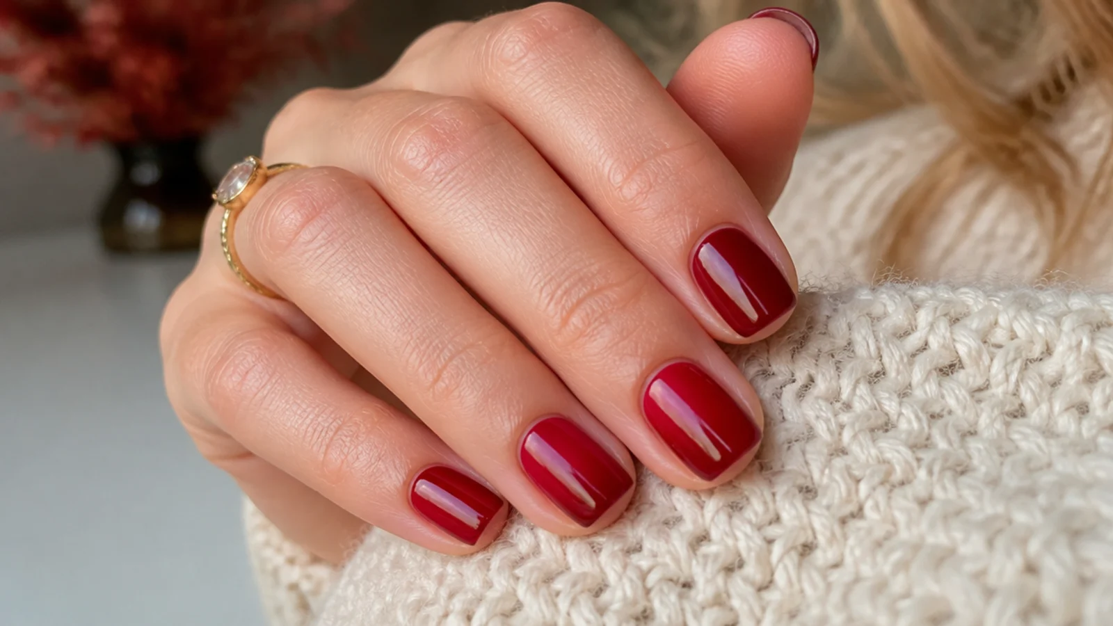 Short square nails in bright cranberry red with a deep glossy holiday finish