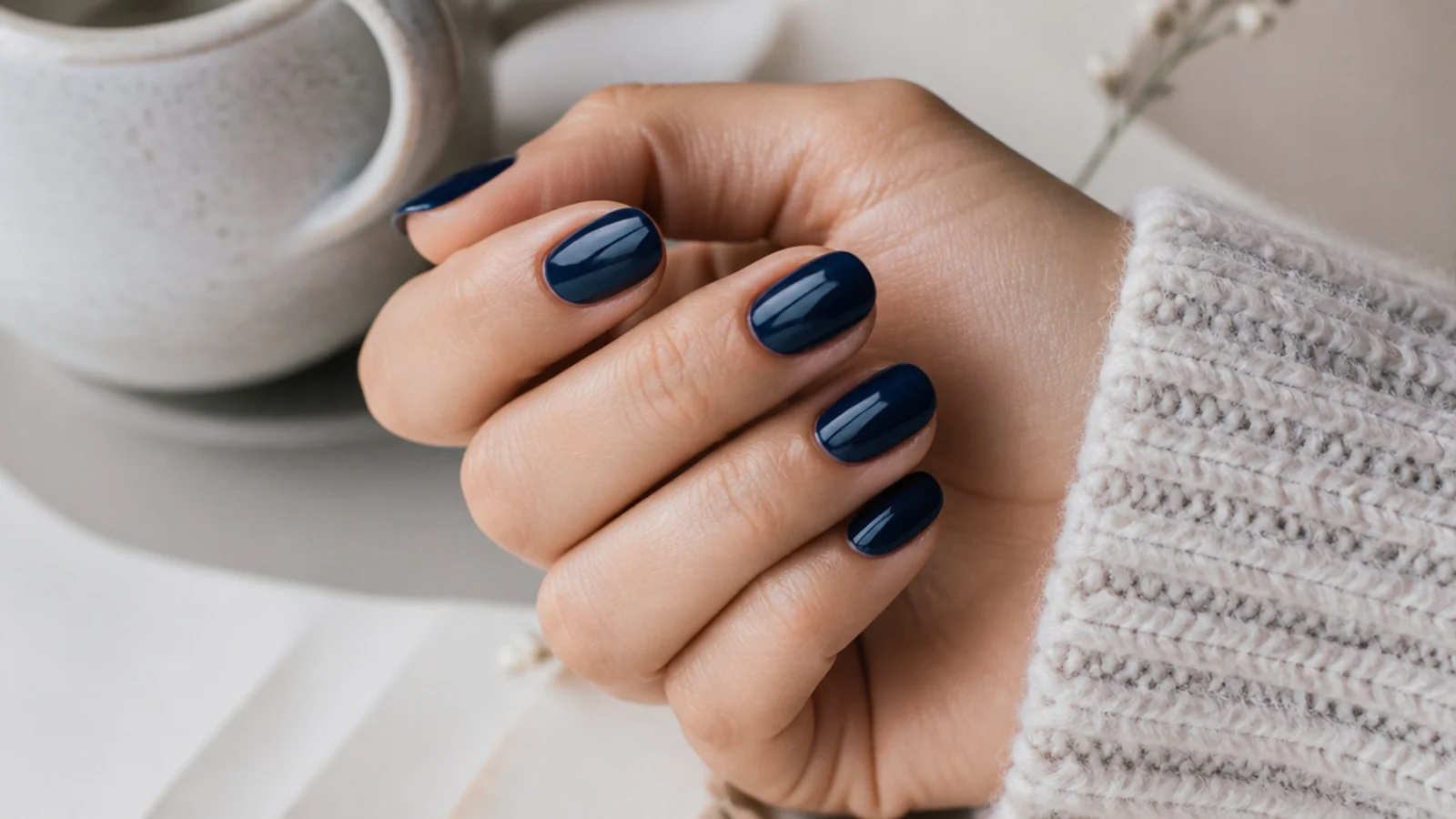 Short almond nails in deep navy blue with a high gloss winter finish