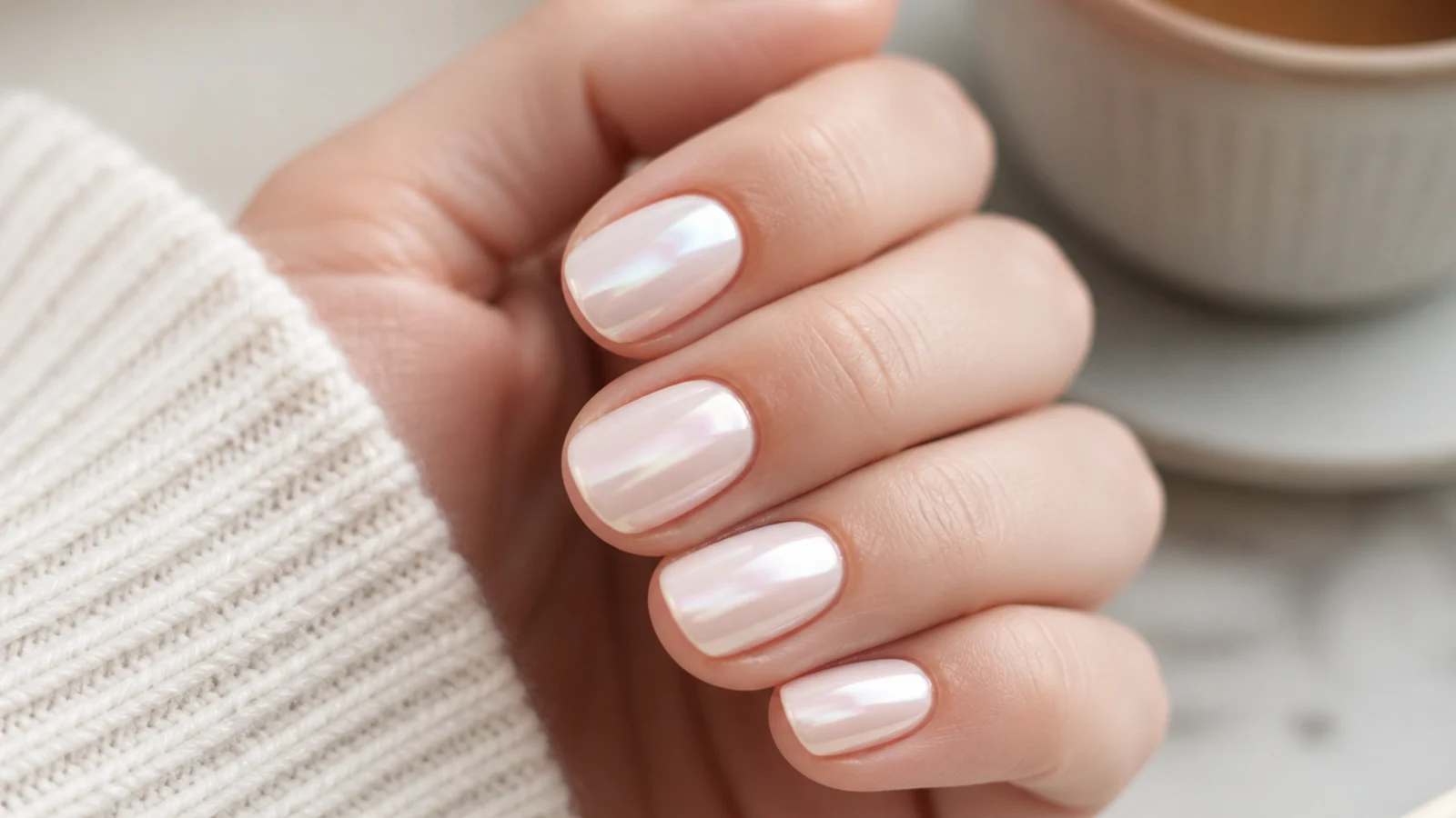 Short oval nails in milky white with an iridescent pearl glazed chrome sheen