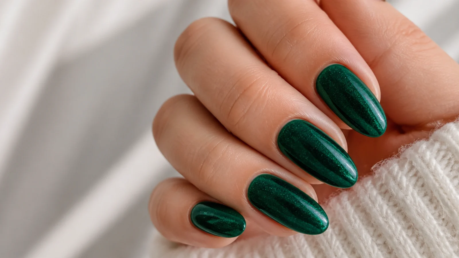 Medium almond nails in rich jewel emerald green with a shimmering glossy finish