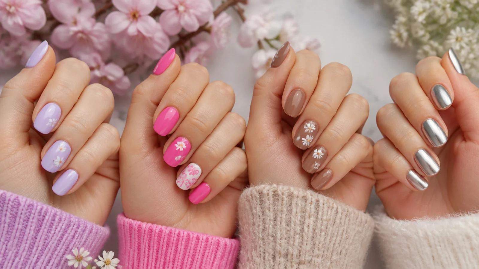 Four hands showing seasonal cute nail ideas in pastel lilac, hot pink, mocha brown and silver chrome