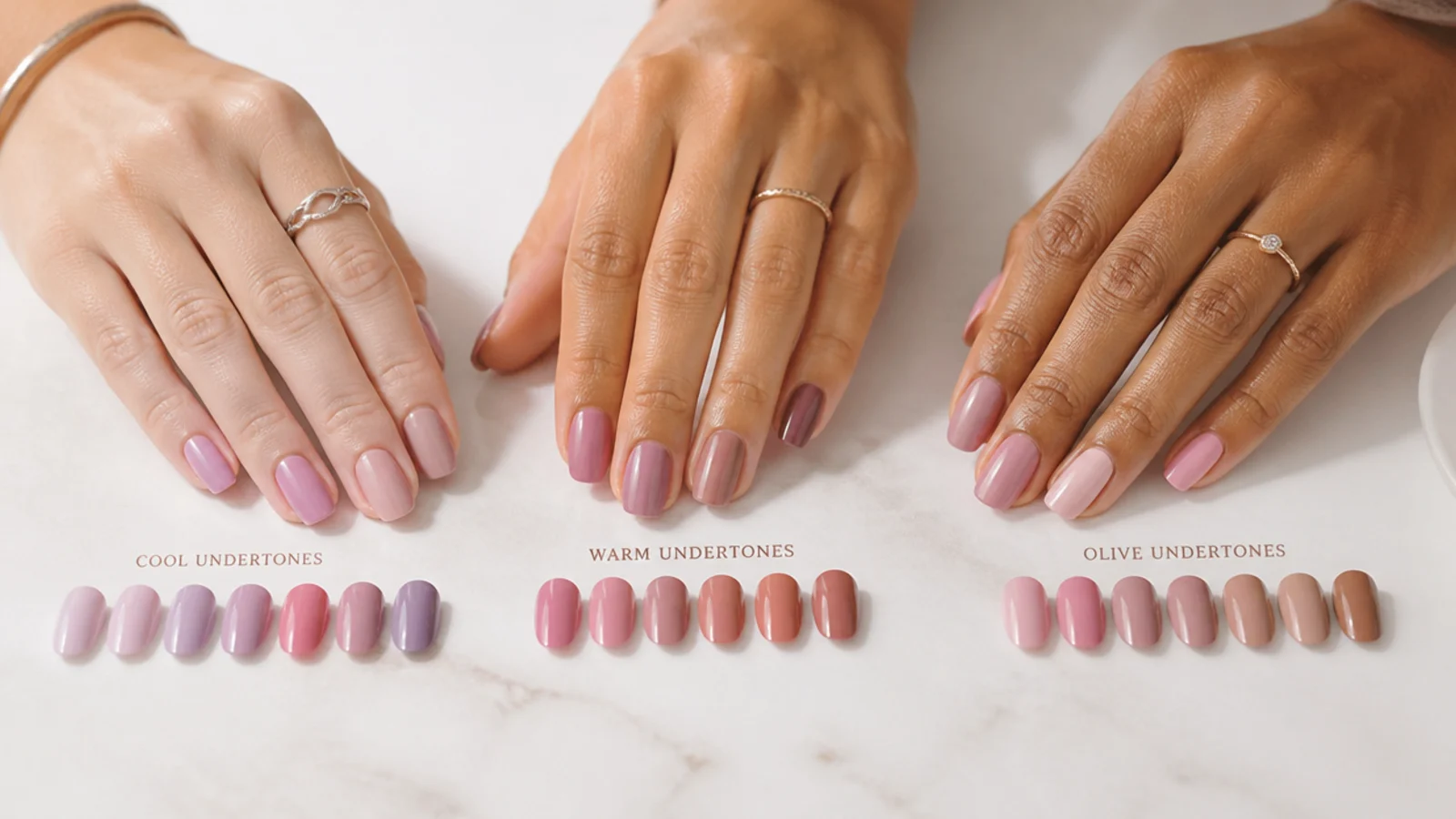 Three hands in cool warm and olive undertones compared against seasonal nail shades