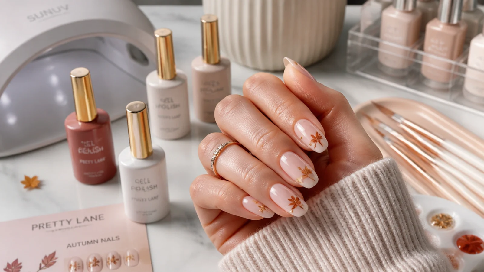 Nail salon station with polish bottles lamp and art brushes set up for a seasonal set