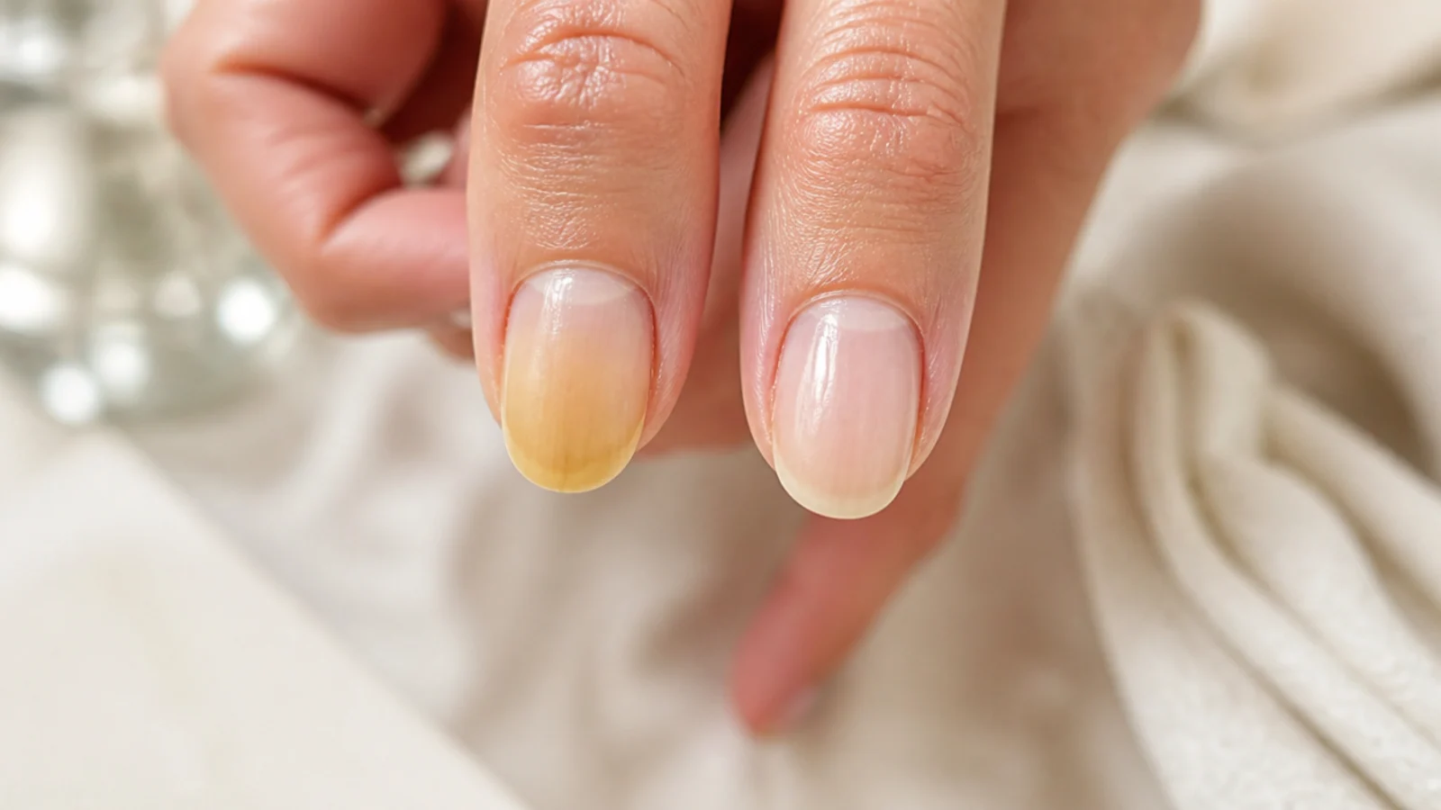 Two nails compared showing a yellow stained nail plate beside a clean base coated nail