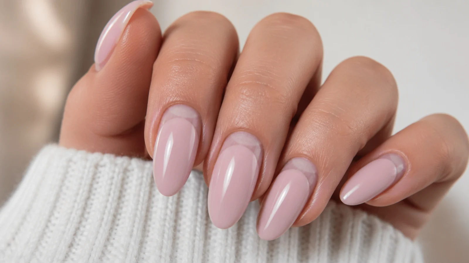 Close-up of a grown out gel nail showing regrowth at the cuticle after three weeks