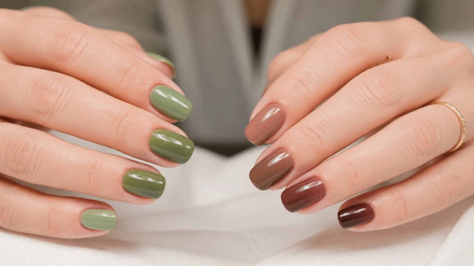Two hands side by side in sage green and mocha brown showing transitional nail shades