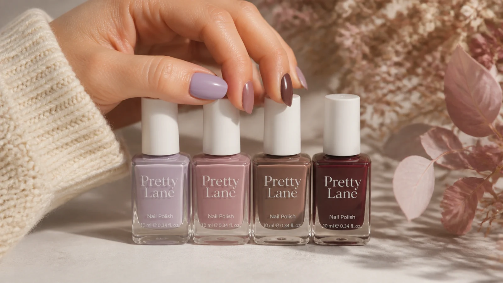 Four nail polish bottles lined up in seasonal order from pastel lilac to deep oxblood