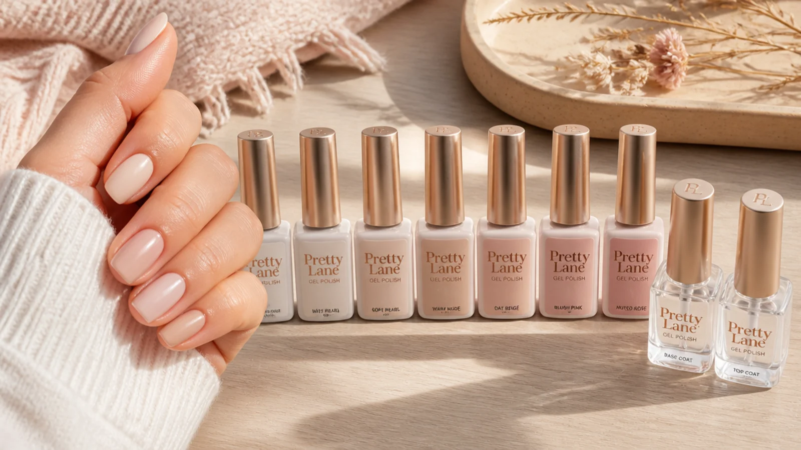 Six nude and milky gel polish bottles from a beginner kit arranged beside a base coat and glossy top coat