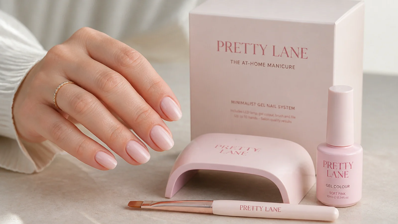 Minimalist gel nail system box with a compact lamp, brush handle grip and a soft pink gel bottle
