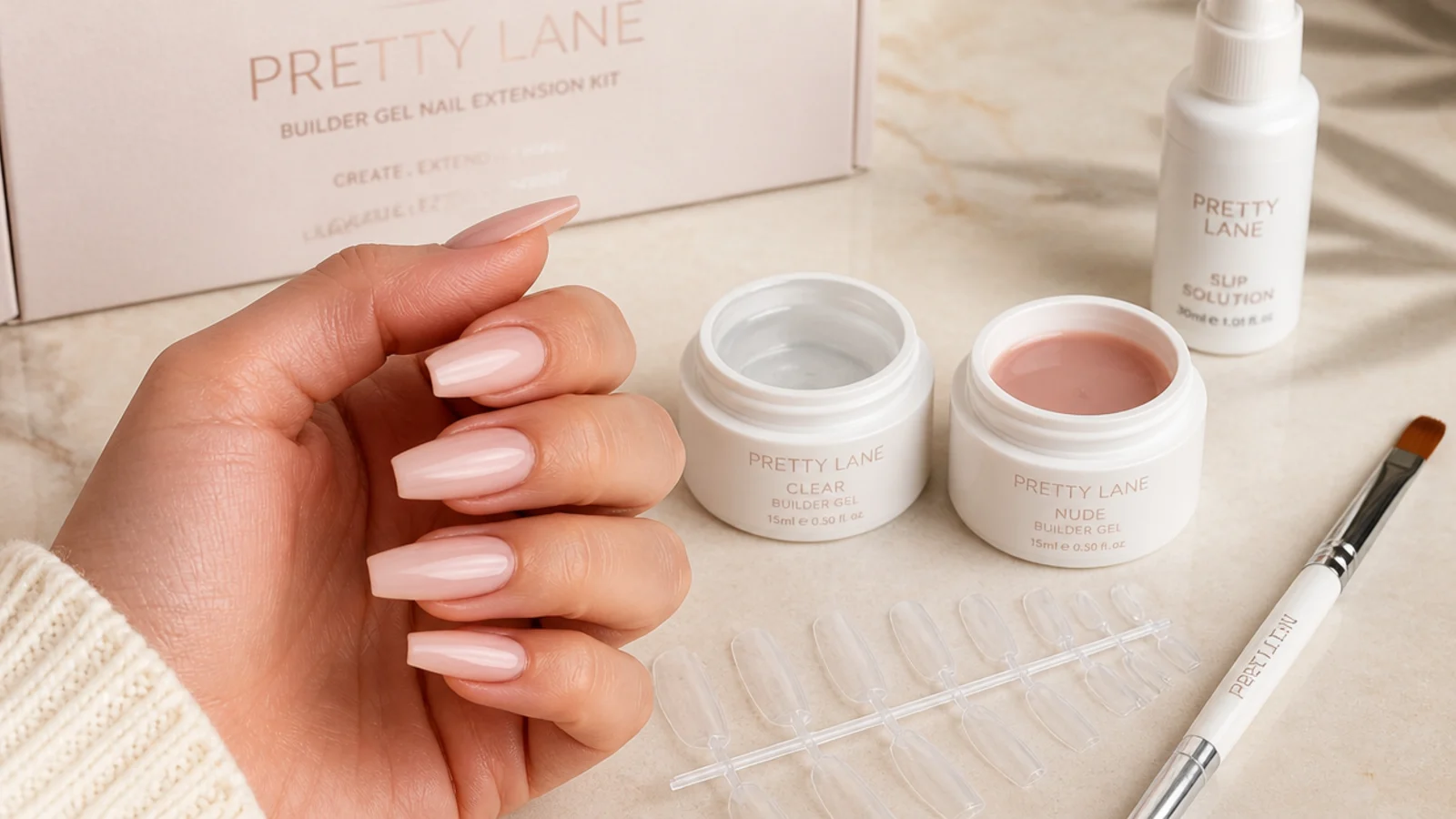Builder gel nail extension kit with clear and nude builder gel jars, dual forms and a slip solution bottle