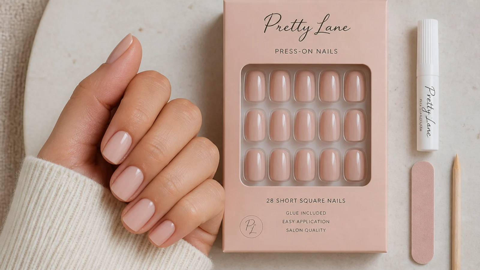 Press-on nail kit with 28 short square nude tips, a glue tube, mini file and wooden cuticle stick