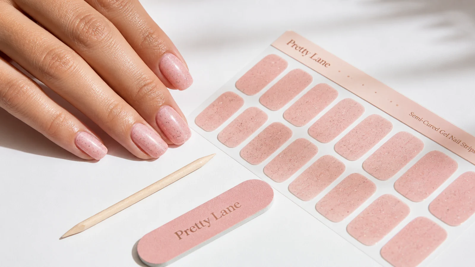 Sheet of semi cured gel nail strips in soft pink beside a mini file and cuticle stick on a white surface