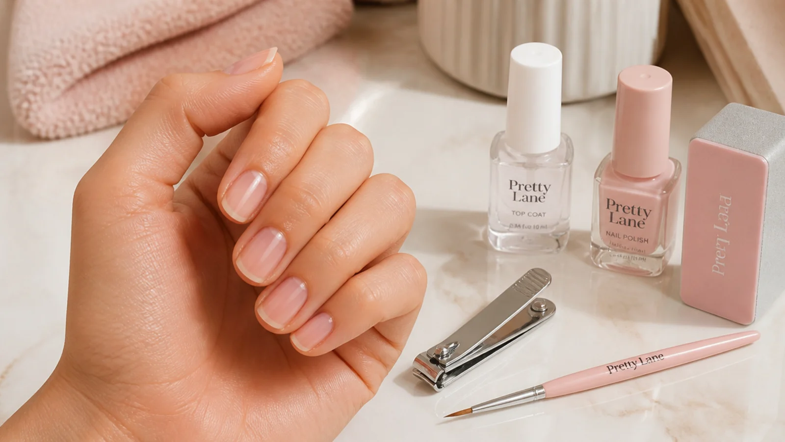 Regular polish manicure kit with clear base, top coat, nail clippers, buffer cube and a brush grip