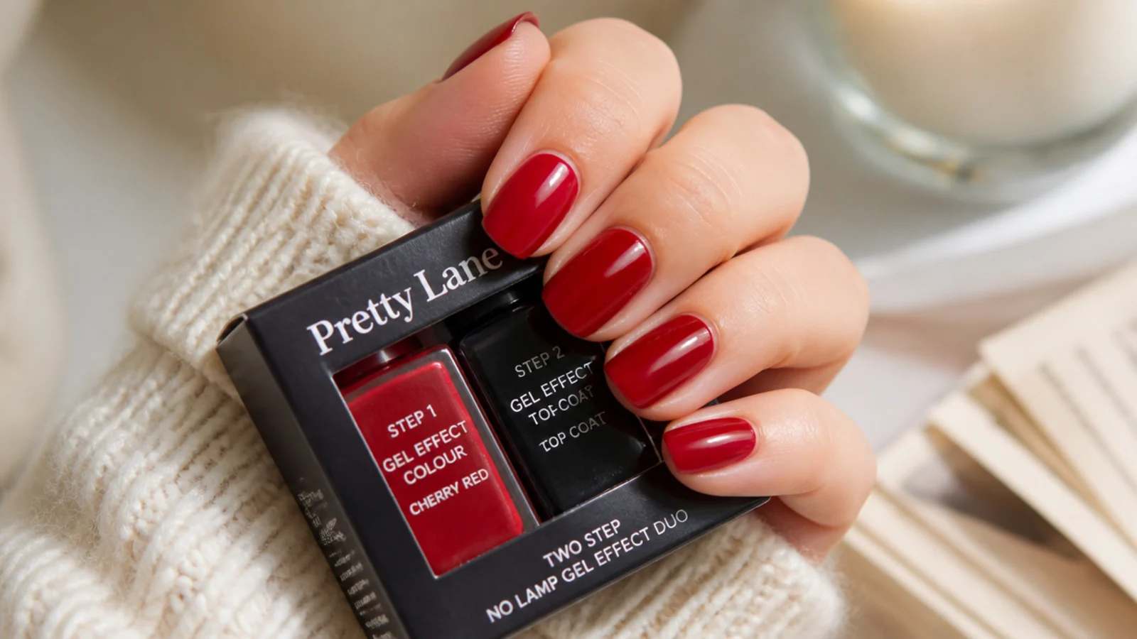 Two step no lamp gel effect polish duo in cherry red with its matching glossy top coat