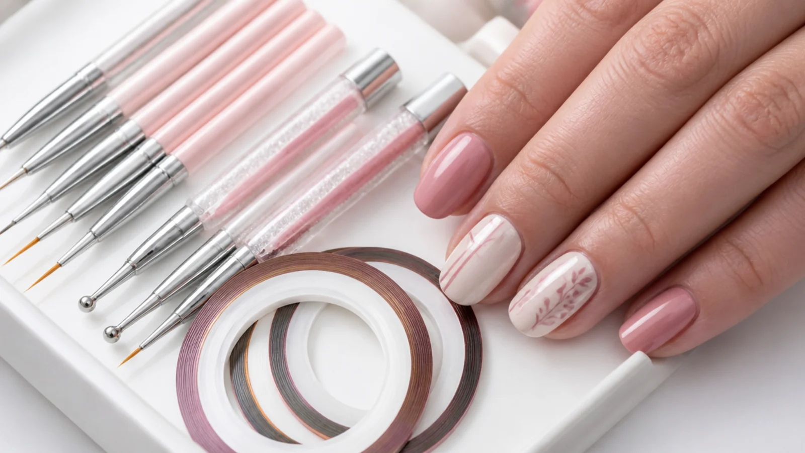 Nail art tool set with thin liner brushes, double ended dotting tools and striping tape on a white tray