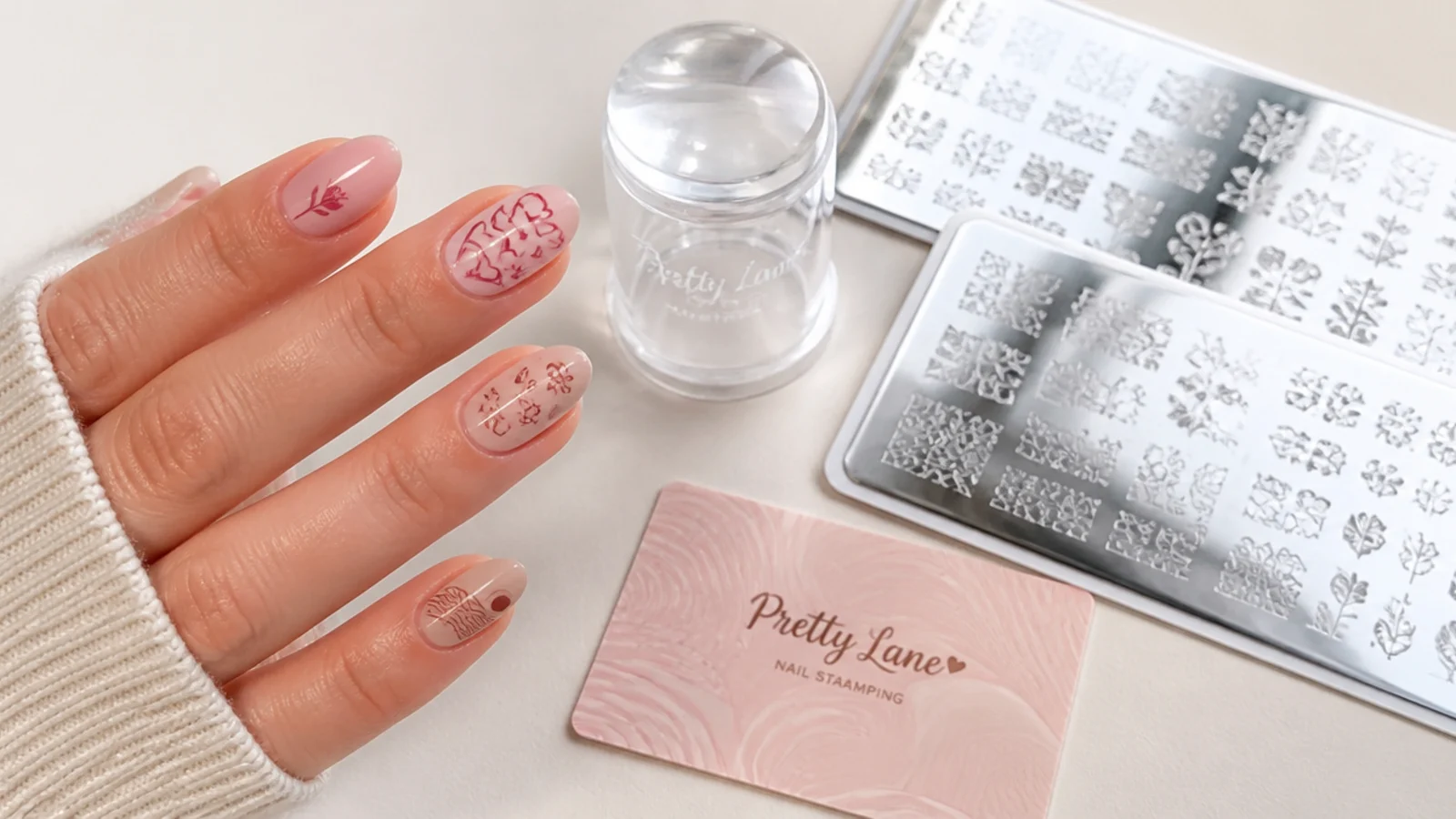 Nail stamping starter kit with etched metal image plates, a clear silicone stamper head and a scraper card