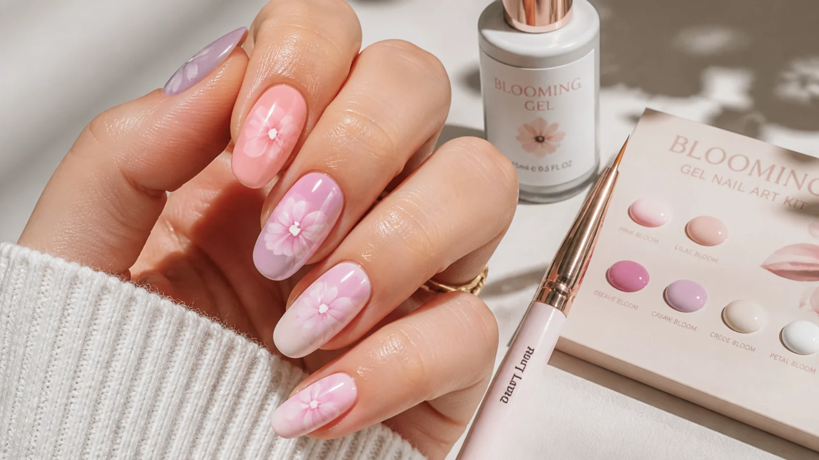 Blooming gel nail art kit with a clear blooming gel bottle, thin detail brush and pastel gel colors