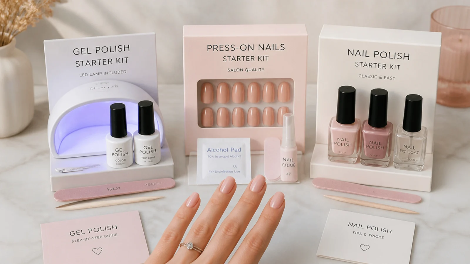 Three beginner nail kits compared side by side, gel polish with lamp, press on tips and regular polish bottles