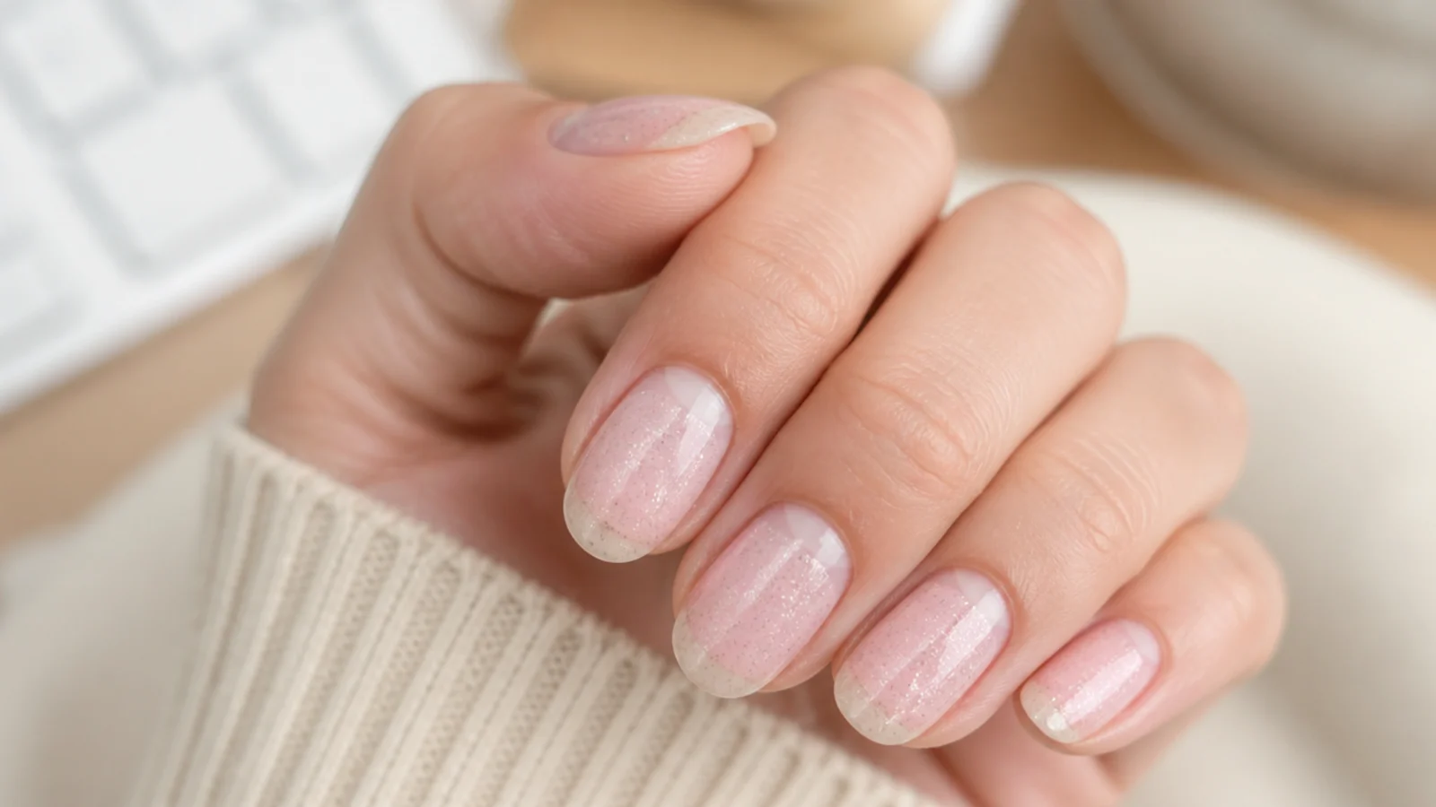 Close up of a home gel manicure at two weeks showing regrowth at the cuticle and slight tip wear