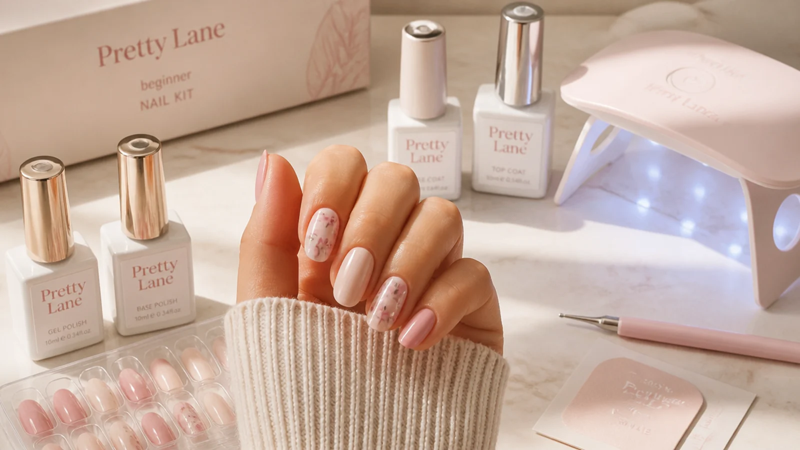 Beginner nail kit laid out with gel polish bottles, a mini LED lamp, press-on tips and a dotting tool