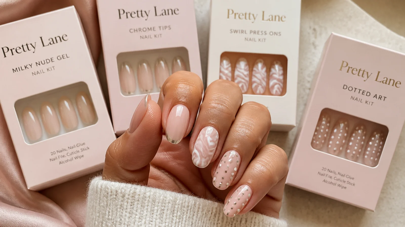 Four finished nail looks matched to their kits, milky nude gel, chrome tips, swirl press ons and dotted art