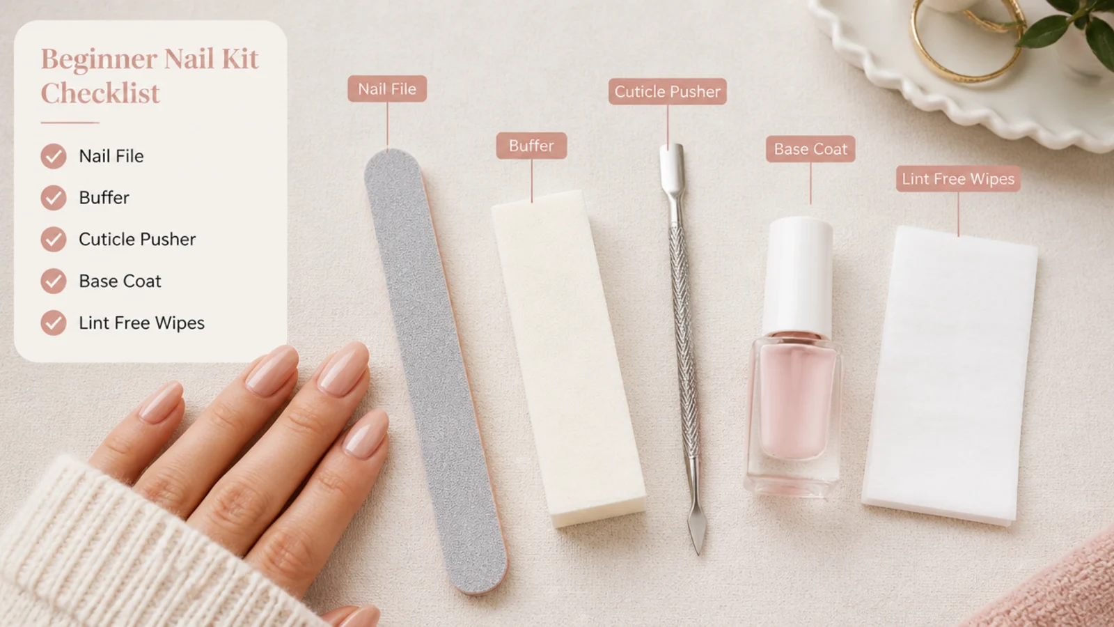 Flat lay checklist of beginner nail kit contents with file, buffer, cuticle pusher, base coat and lint free wipes