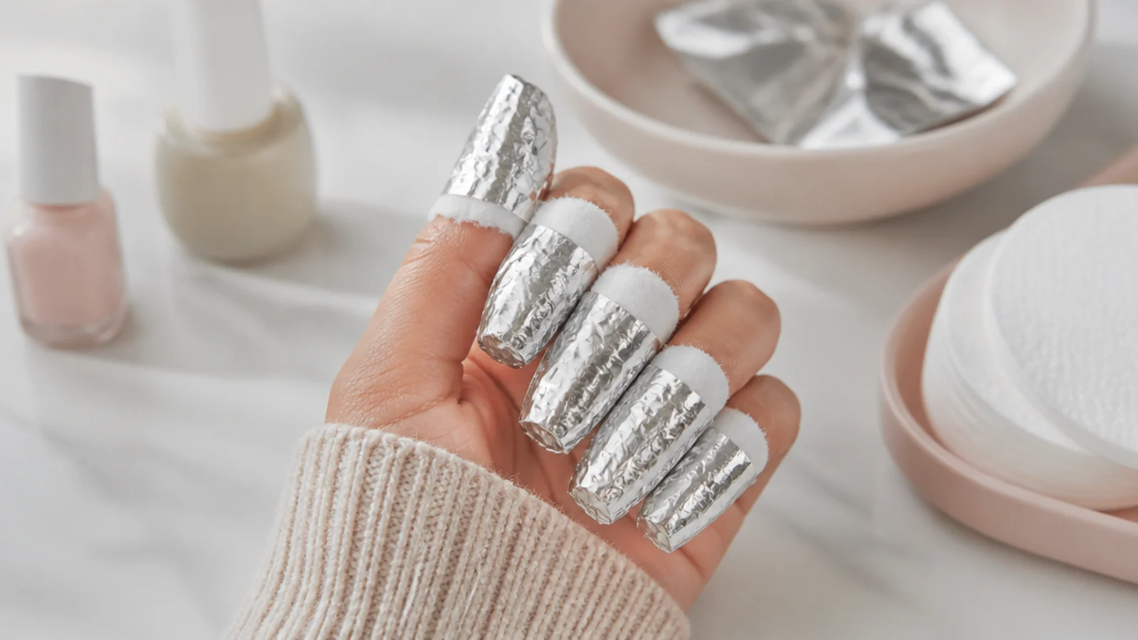 Fingers wrapped in foil with acetone soaked cotton pads for safe at home gel nail removal