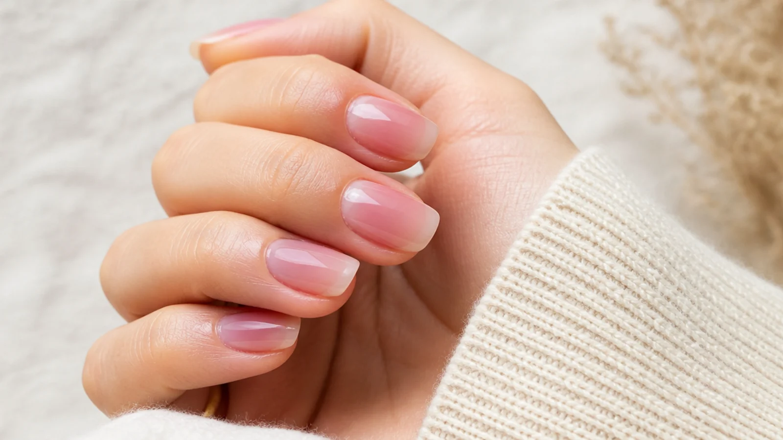 Short almond nails in translucent milky strawberry pink jelly with the natural nail visible through the tip