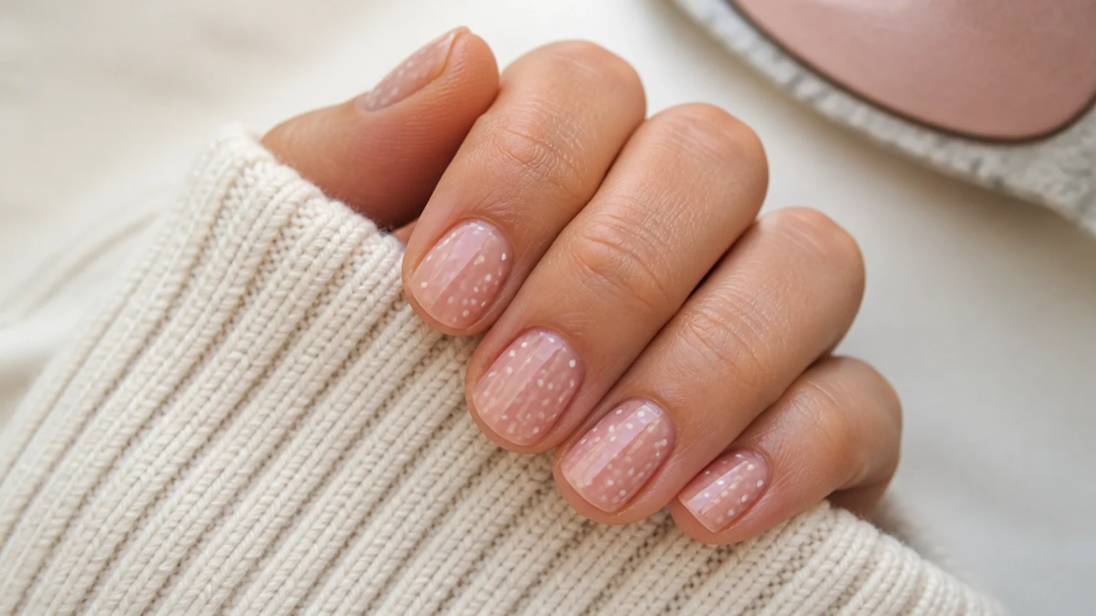 Short nails with tiny scattered white dots over a sheer nude base done with a toothpick