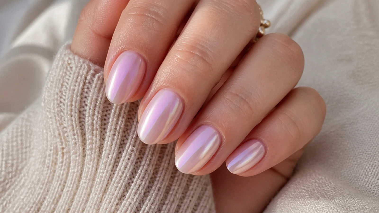 Short almond nails with a pearl glazed chrome sheen shifting pink and lilac over a milky base