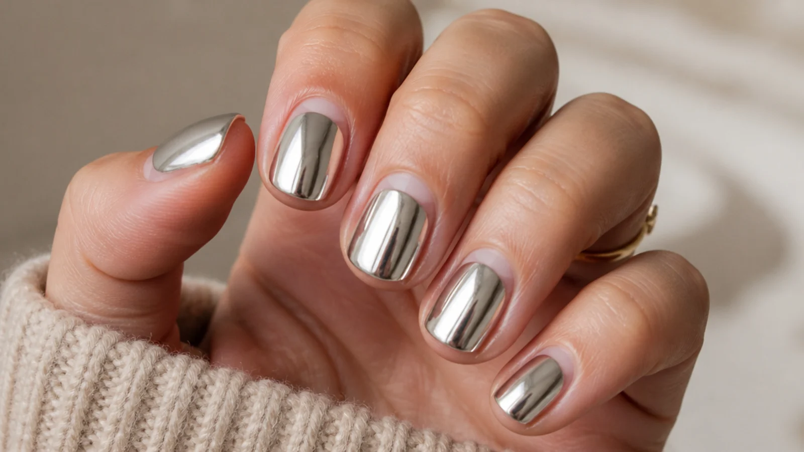 Short nails in liquid silver mirror chrome showing a visible regrowth gap at the cuticle