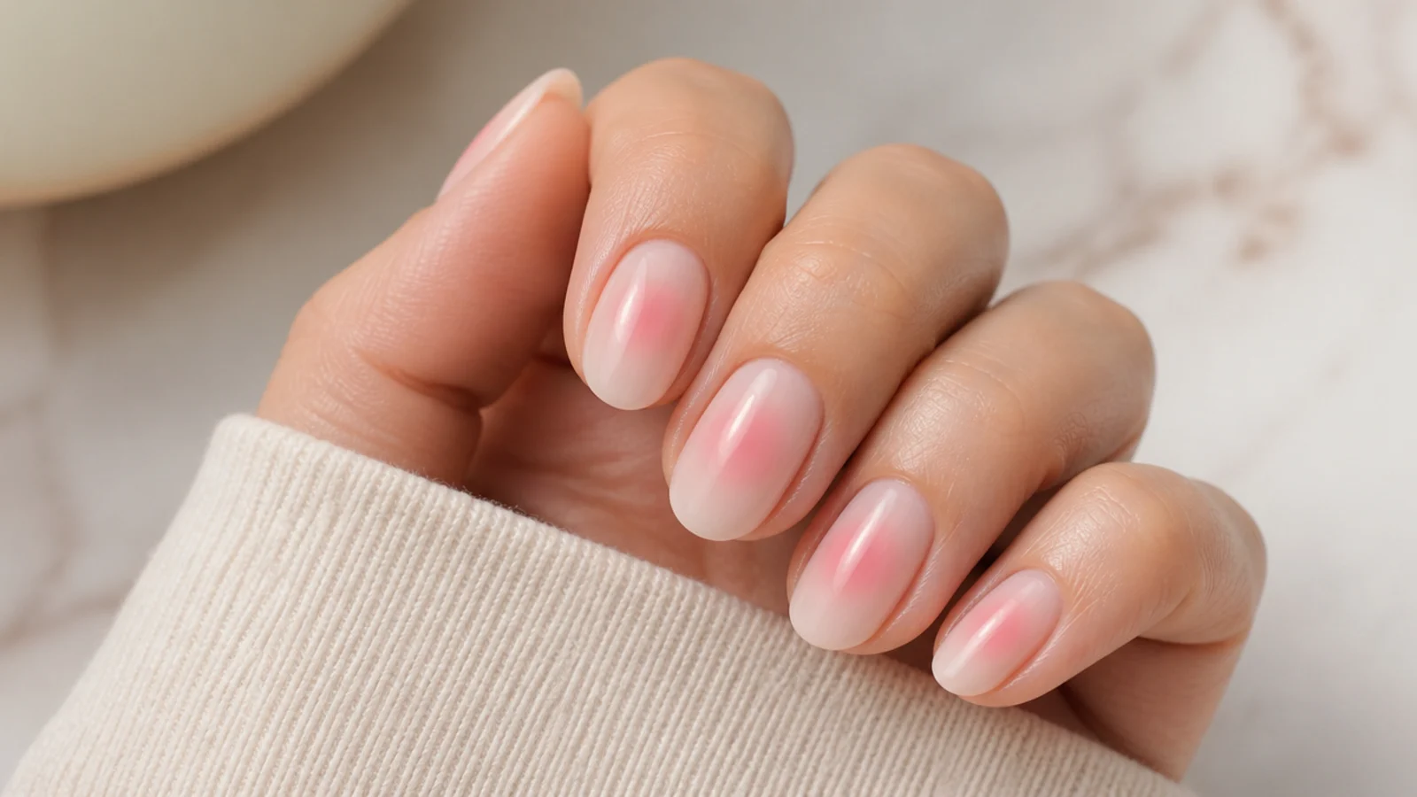 Nails with a grainy pink aura halo sponged into the center of a pale nude base