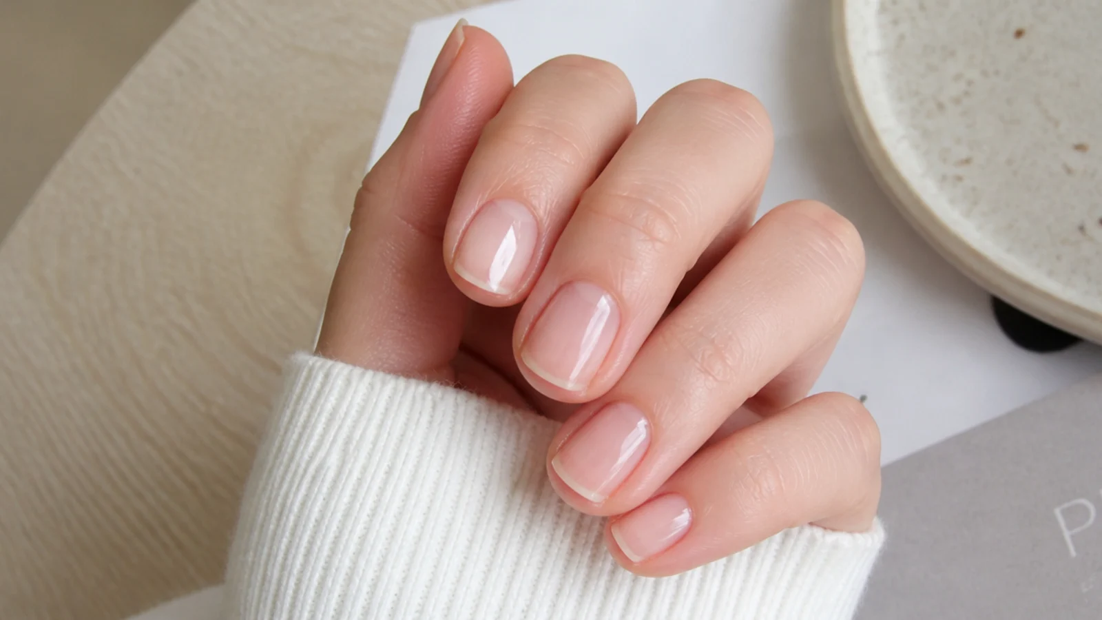 Short natural nails in a barely-there sheer nude soap finish with a glassy just-washed look