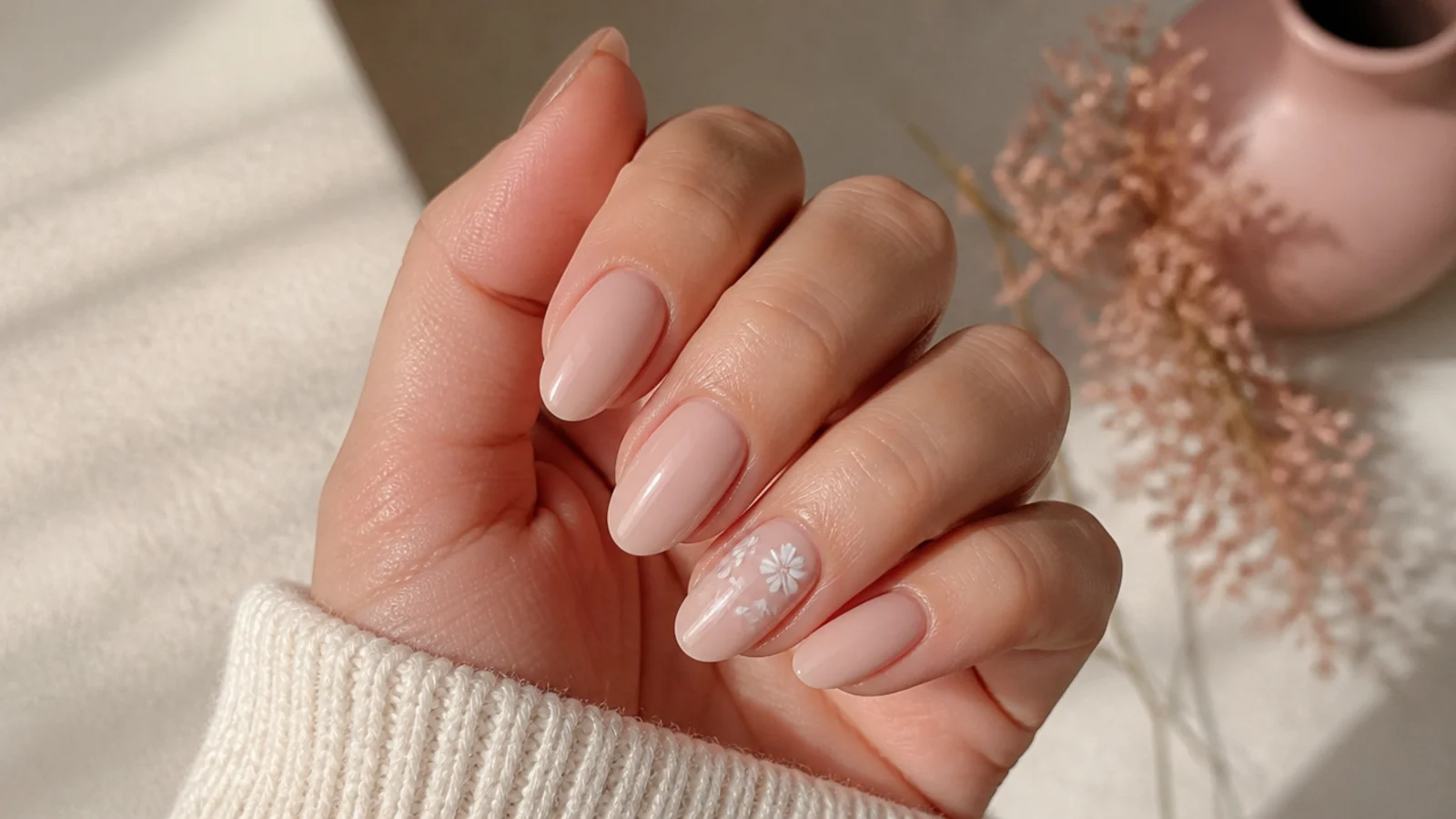Short almond press-on nails in soft nude applied close to the cuticle