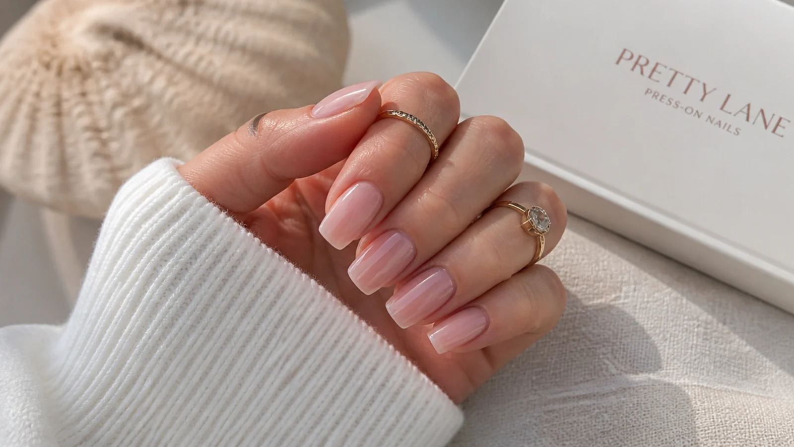 Custom fit soft gel press-on nails in sheer pink sitting flush against the cuticle line