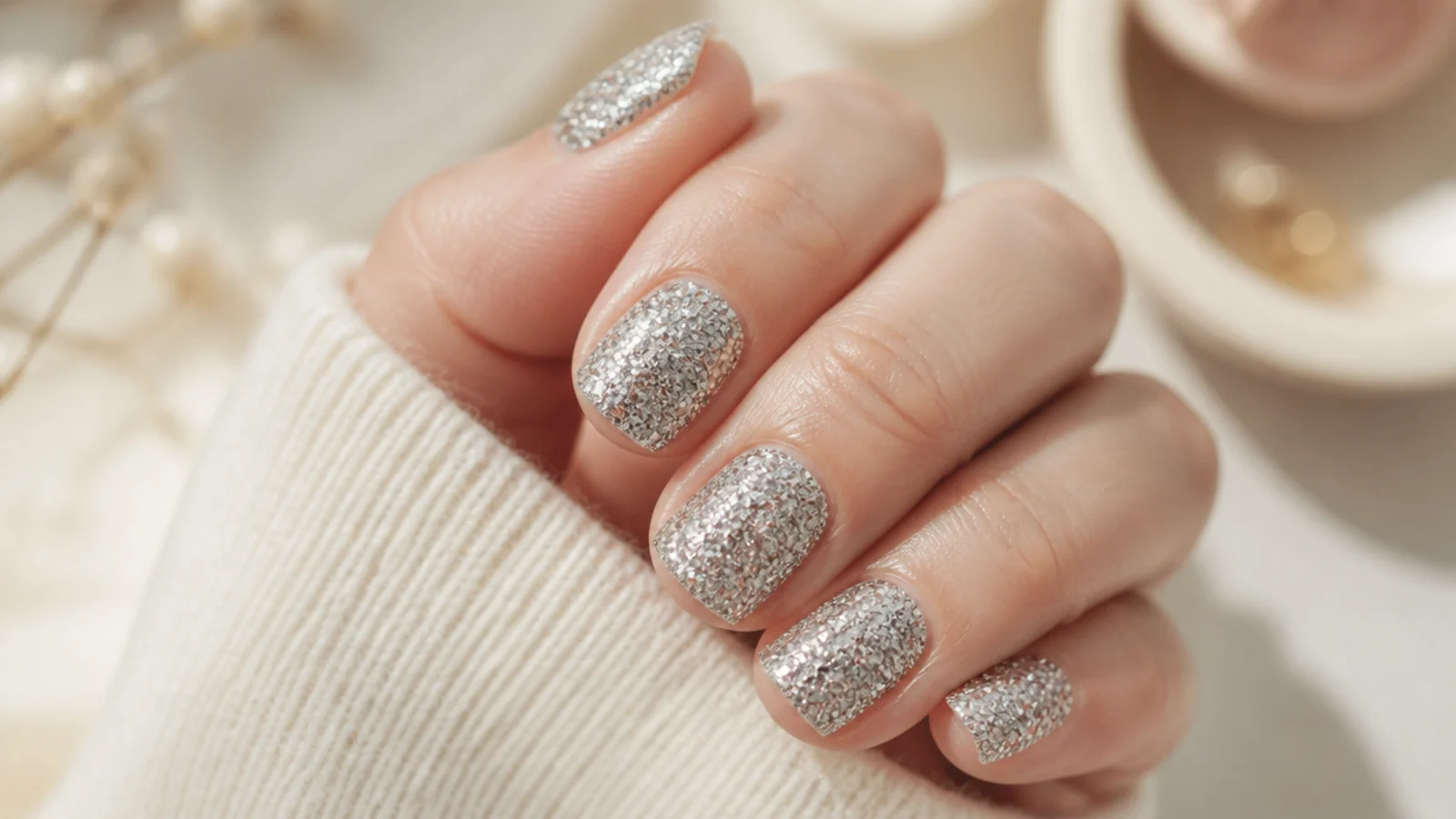 Short press-on nails covered in chunky silver glitter with a visibly rough surface