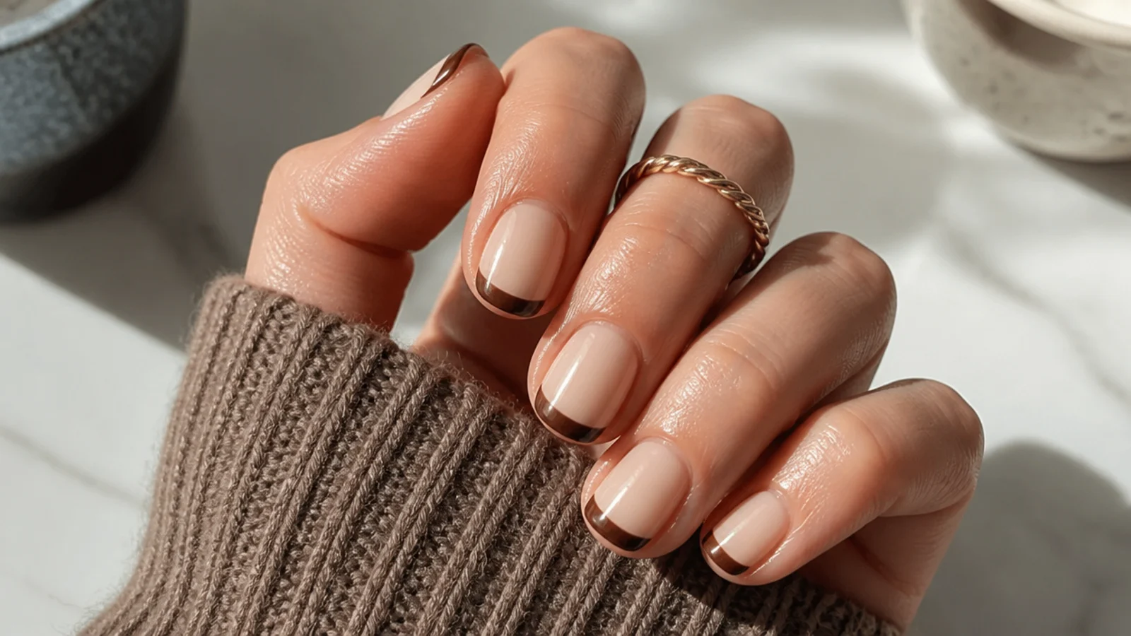 Short nails with chocolate brown French tips over a warm beige base