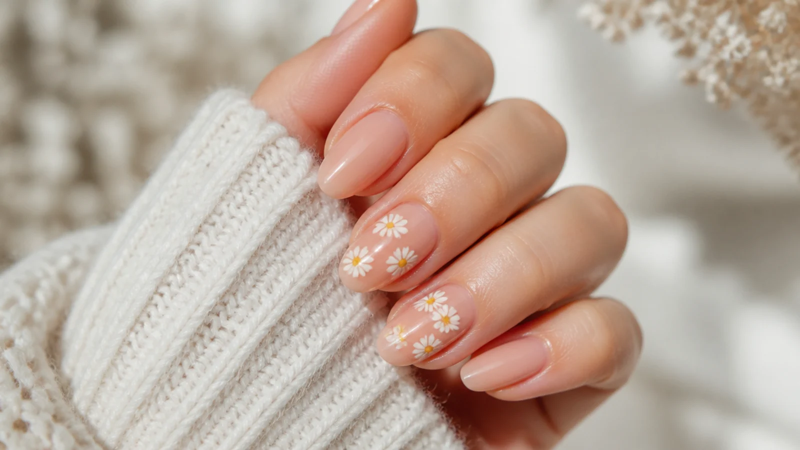 Nails with tiny hand-painted white and yellow daisies on two accent nails over a sheer nude base