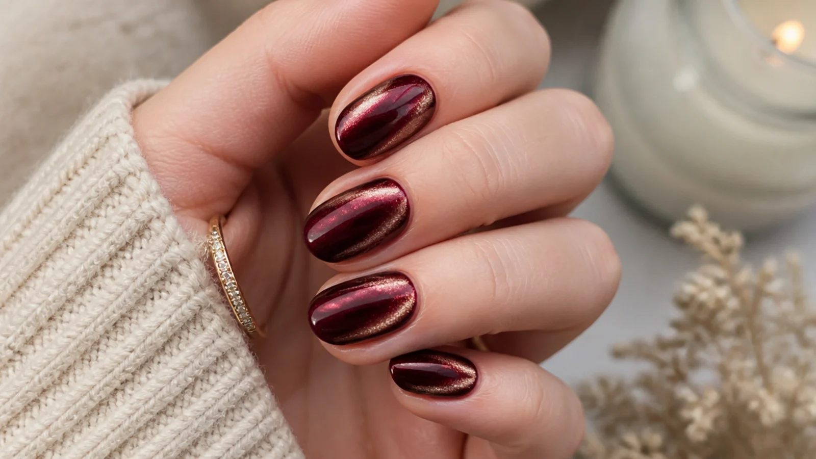 Short almond nails in deep burgundy magnetic cat eye gel with a bright shifting light streak