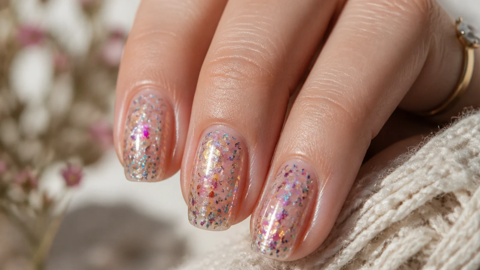Nails with scattered multicolor confetti glitter flakes over a clear base showing raised edges