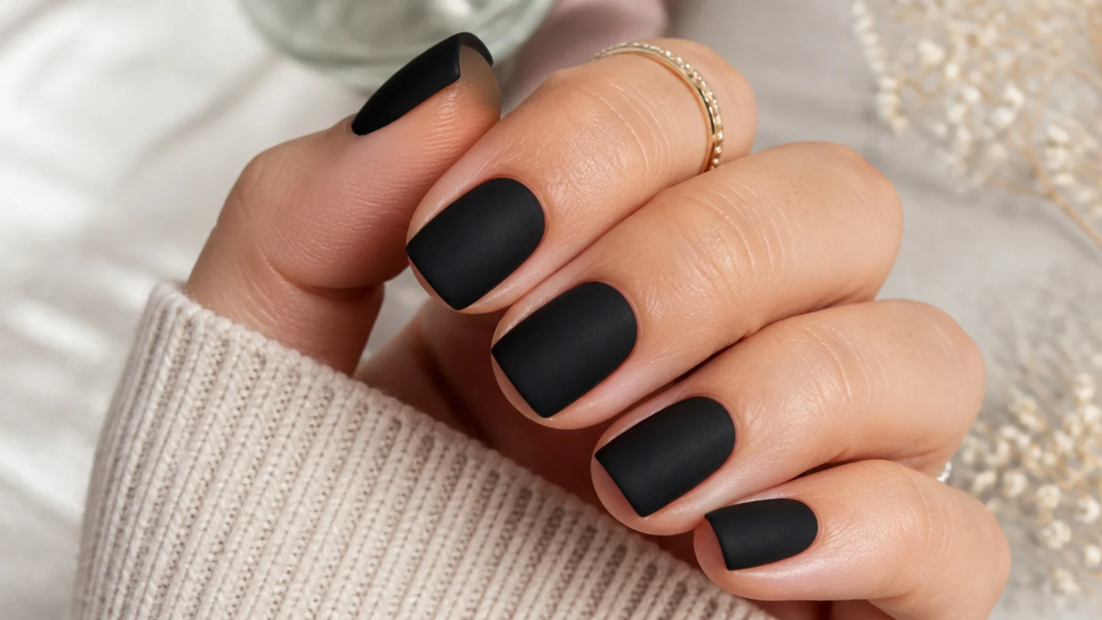 Short squoval nails in flat matte black with a velvet finish and sharp filed edges