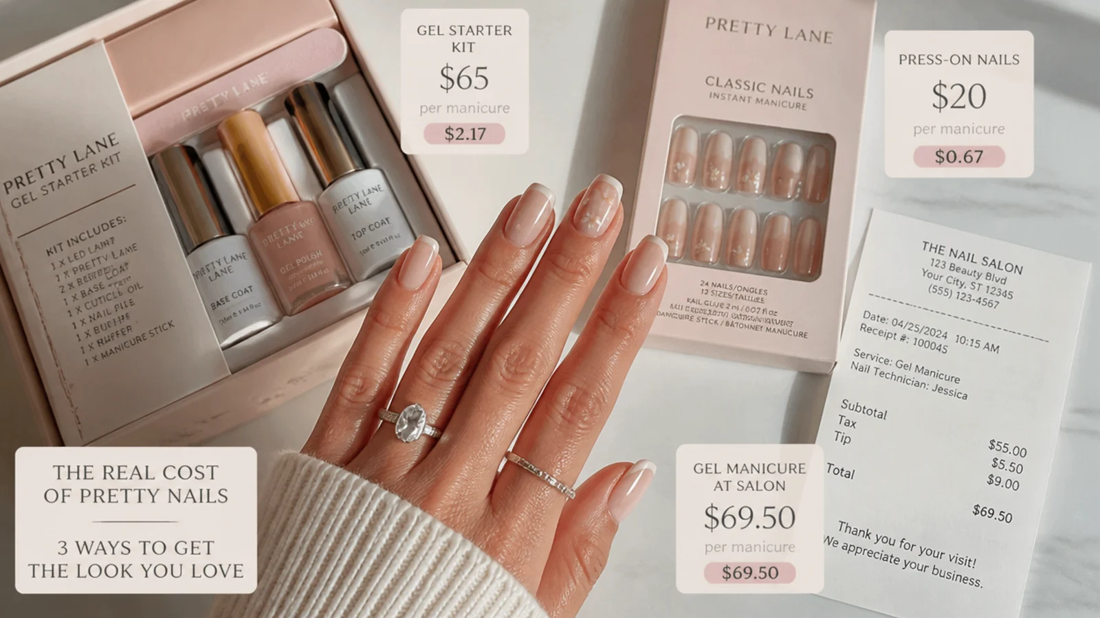 Nail cost comparison layout with a gel starter kit, press-on box and a salon receipt