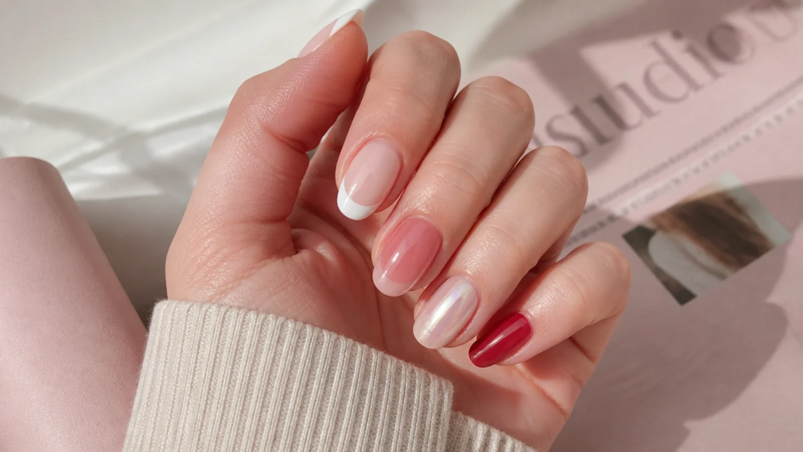 Collage of cute nail designs tested including micro French, milky pink jelly, pearl chrome and cherry red on short almond nails